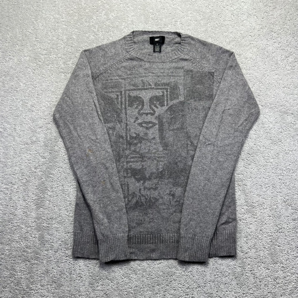 Obey Sweater Size Large Grey Cashmere Angora Blend Stretch Graphic Knit Crewneck